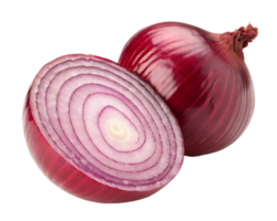 Close up of two red onions, one halved, showing vibrant layers. png
