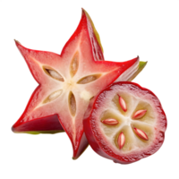 Close up of a sliced star fruit, showcasing its vibrant red color and unique star shape. png