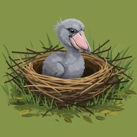 Shoebill Chick Sitting in Nest Surrounded by Green Grass Illustration vector