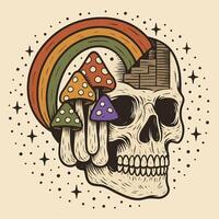 Skull with Mushrooms and Rainbow Conceptual Illustration in Retro Style vector