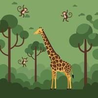 Giraffe Standing in Forest with Jumping Monkeys and Green Trees vector