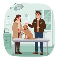 Dog Having Checkup at Vet Office with Sad Owner in Attendance vector