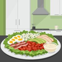 Preparing Nutritious Cobb Salad in Kitchen with Various Fresh Ingredients vector