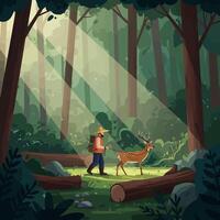 Man and Deer Walking Through Forest with Sunbeams and Greenery vector