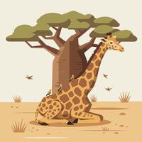 Giraffe Resting Under Tree with Birds Graphic Savannah Scene vector