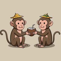 Cartoon Monkeys Sharing Coconut Drink with Straw in Light Background vector
