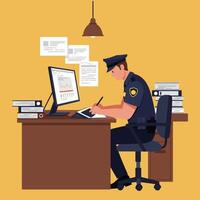 Officer Working at Desk Reviewing Data and Writing Report vector