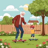 Grandfather and Grandson Skateboarding Together in the Backyard on Summer Day vector