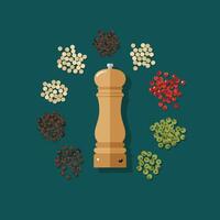 Pepper Grinder with Colorful Pepper Corns Flat Lay Composition vector