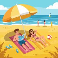 People Relaxing on Beach with Umbrella, Reading and Enjoying Sunshine vector
