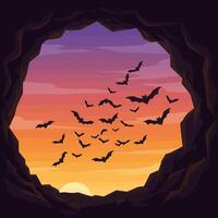 Bats Flying From Cave at Sunset with Colorful Sky Illustration vector
