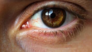 Close up view of a human eye highlighting intricate details of iris and pupil, showcasing unique colors and textures under natural light photo