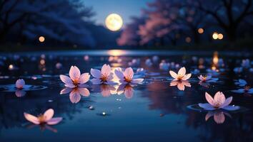 Beautiful cherry blossoms floating on serene water under a full moon in a tranquil park during twilight hours photo