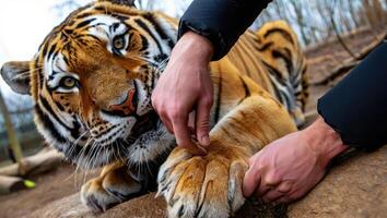 Close interaction with a tiger showcasing its magnificent fur and powerful presence at a wildlife sanctuary during a calm afternoon photo