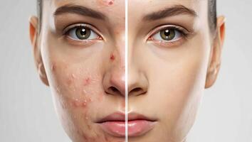 Transformation of skin condition through skincare routine showing before and after results with clear improvements and healthy appearance photo