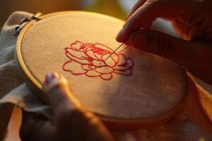 Crafting a detailed flower design with needle and thread in a warm light setting during the late afternoon hours photo