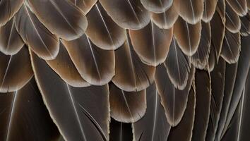 Detailed close up of bird feathers showcasing rich textures and subtle hues in a natural setting during daylight hours photo