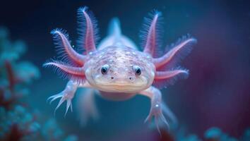 Underwater view of a unique amphibian with external gills swimming among vibrant aquatic life in a tranquil environment photo