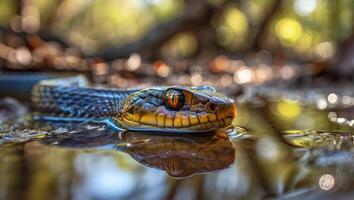 Close up view of a colorful snake in a tranquil water setting during daylight hours, showcasing its vibrant scales and reflective surface photo