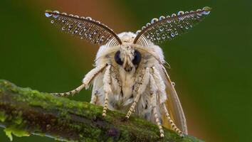 Close up view of a white moth with water droplets on its wings perched on a green stem in a natural setting during a misty early morning photo