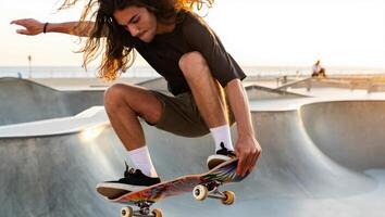 Skateboarder performs tricks at sunny skatepark during late afternoon near the beach with spectators enjoying the atmosphere photo