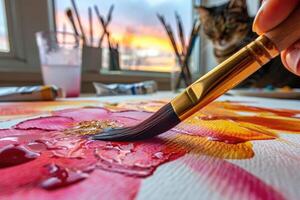 Creative painting session featuring a hand holding a brush applying vibrant colors on paper with a cat observing in the background at sunset photo