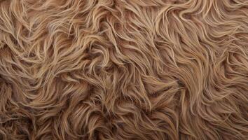 Soft, wavy fur texture with a warm brown color, showcasing various strands and curls resembling a cozy, fluffy blanket photo