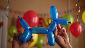 Creating a colorful balloon dog as a fun activity for kids at a birthday celebration in a decorated room with festive balloons photo