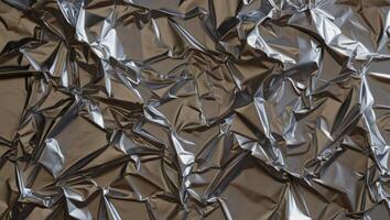 Crumpled metallic foil creates an intriguing abstract texture showcasing reflections and shadows in a subtle, artistic display of light and form photo