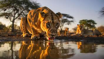 Lioness drinks from water hole at sunset while other lions watch in the background in a serene wildlife setting photo