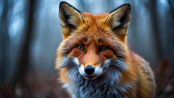 Captivating encounter with a red fox in a foggy forest during the early morning hours, showcasing its striking features and vibrant fur colors photo
