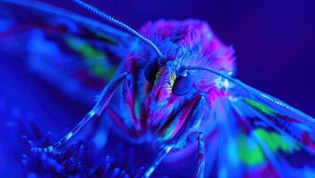 Close up view of a colorful moth under ultraviolet light showcasing intricate patterns and vibrant colors in a fantastical display photo