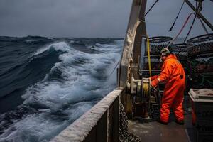 Fishing crew member operating winch on boat in turbulent sea during overcast weather with waves crashing in the background photo