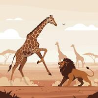 Giraffe Avoiding Attacking Lion in Savanna Illustration Animal Confrontation vector