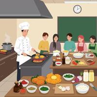 Chef Cooking in Culinary Class with Students Watching Food Preparation vector