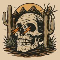 Skull in Desert Scene with Cactus Spider and Lightning Bolt vector
