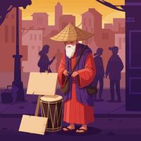 Street Musician Playing Drum in City with Blurred Crowd Background vector