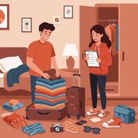 Couple Pack Suitcase While Checking List Preparing for Travel vector
