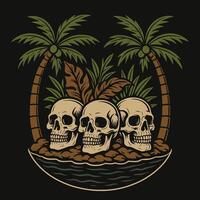 Skulls on Island with Palm Trees Graphic Illustration Design vector
