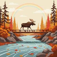 Moose Crossing Wooden Bridge in Autumn Forest with Rainbow View vector