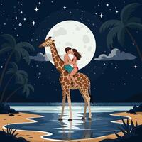 Couple Kissing on Giraffe Silhouetted by Moonlit Beach Under Starry Sky vector