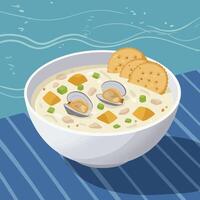 Clam Chowder with Crackers in White Bowl on Striped Surface vector