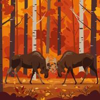 Moose Fighting in Autumn Forest with Colorful Leaves and Trees vector