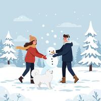 People Building Snowman with Dog in Snowy Winter Forest Scene vector