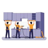 Workers Installing Kitchen Cabinets with Drill and Leveling Tools vector