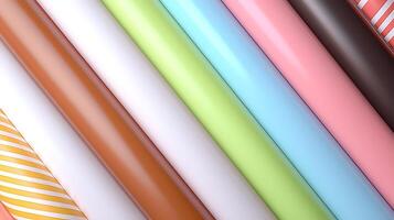 Colorful rolls of wrapping paper arranged diagonally, showcasing various patterns and textures photo