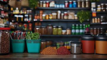 Colorful display of jars and containers filled with various spices and ingredients in a market photo