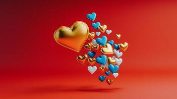 Colorful heart shapes in various sizes and colors floating against a vibrant red background photo