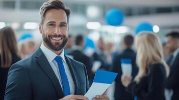 Confident businessman holding a document at a networking event with people and balloons in background photo