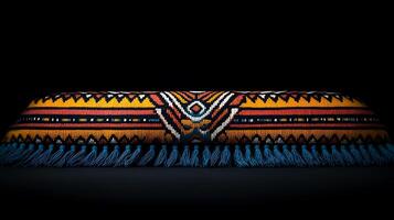 Colorful woven textile with intricate patterns and fringes, displayed against a dark background photo